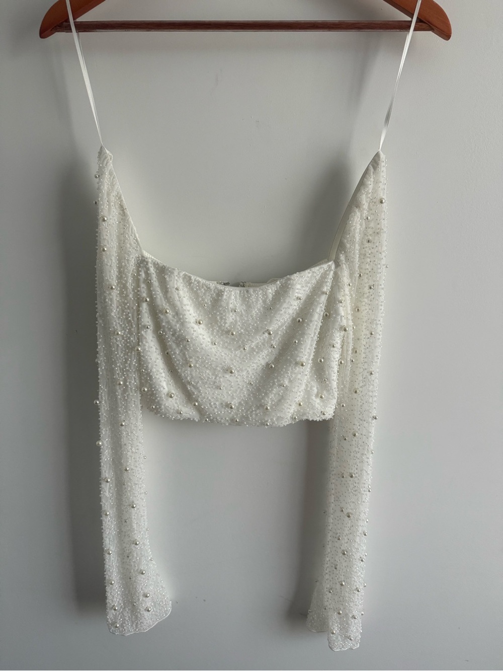 12th Tribe White Pearl-Embellished Long Sleeve Crop Top